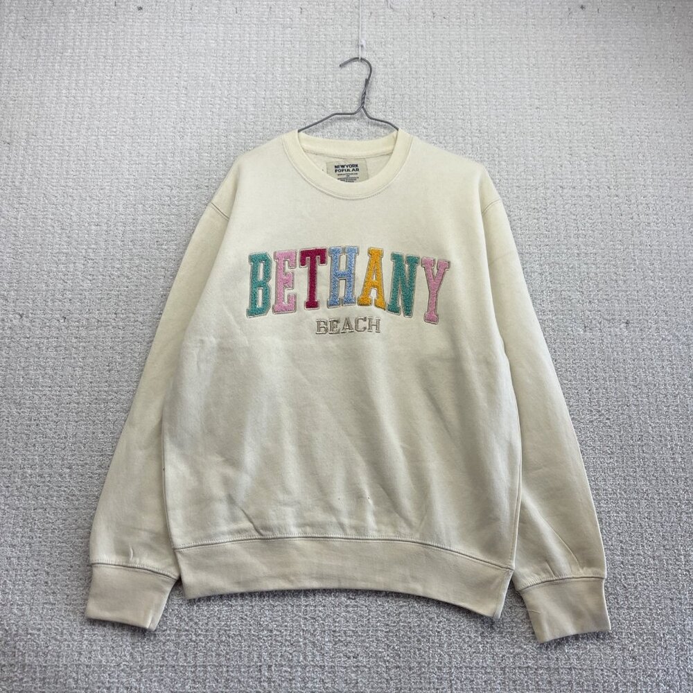 New York Popular Crewneck Pullover Sweatshirt Bethany Beach Spell out Cream Sz M